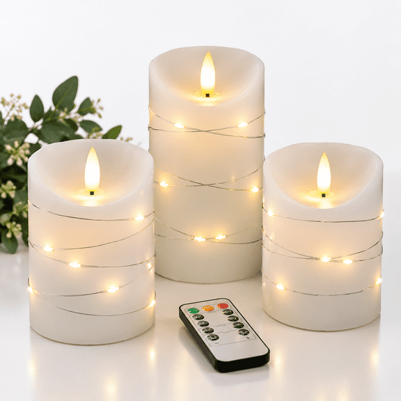 Sky Blue Ledless Candle With Embedded Starlight String 3 Candles 11 Key Remote Control 24 Hour Timer Function Dancing True Wax. (