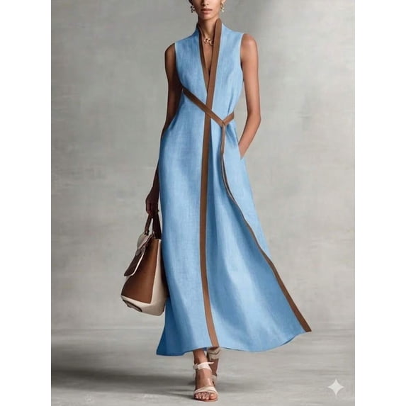 Sky Blue Linen Maxi Dress Sleeveless V-Neck Wrap Waist A-Line Flowy Dress For Summer Work Formal Events