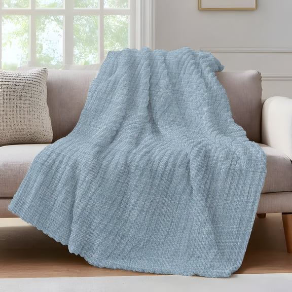 Sky Blue Linen Throw Blanket for Couch Farmhouse Pure Color Country Vintage Soft and Warm Flannel 3D Striped Fluffy Fuzzy Fleece Blanket Lightweight Throw for Bed, Sofa 40 x 60 Inches