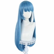 Sky Blue Long Straight Cosplay Wig With Bangs, Buttoned Hair Ends, Versatile For Daily Use Breathable, lightweight