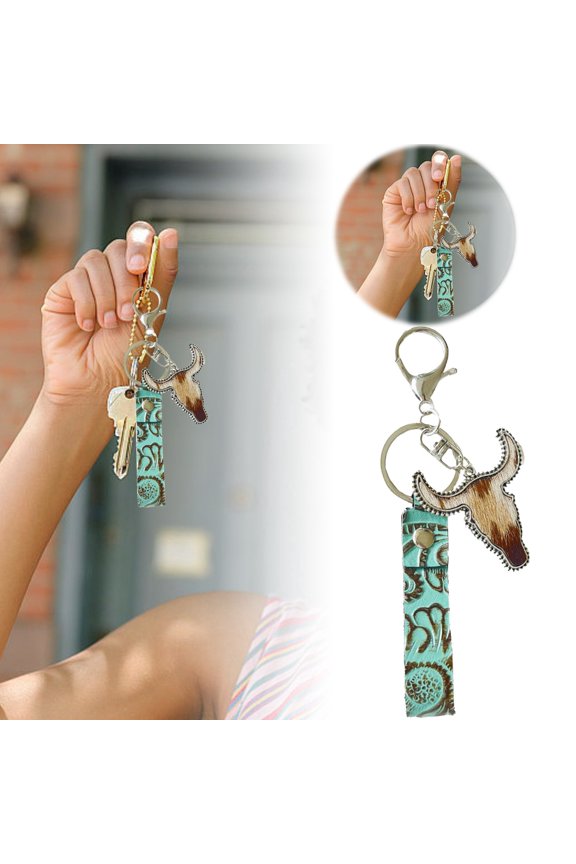 Sky Blue Metal Vintage Ethnic Keychain, Green Bull Head Color Western Bag Charm, Diamond Detailing for Wild Style