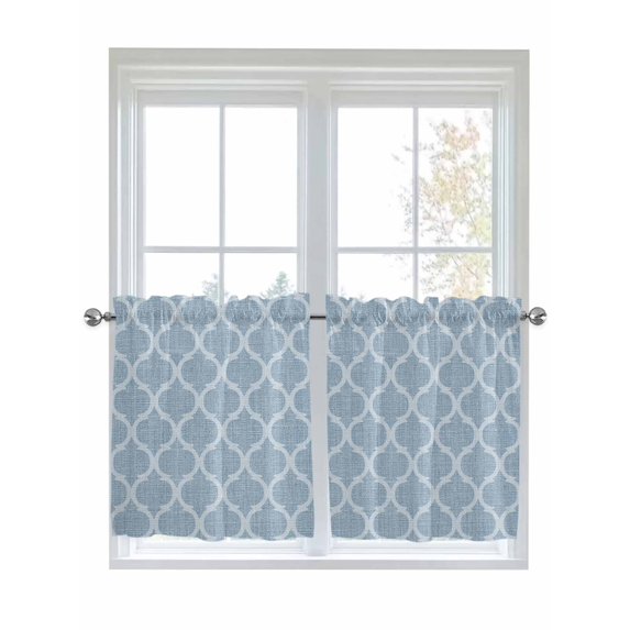 Sky Blue Morocco 2 Panel Kitchen Curtains for Small Windows, Farmhouse Geometric Quatrefoil Grid Bathroom Tier Curtain, Short Window Treatment for Bedroom/Living Room 55"x36"
