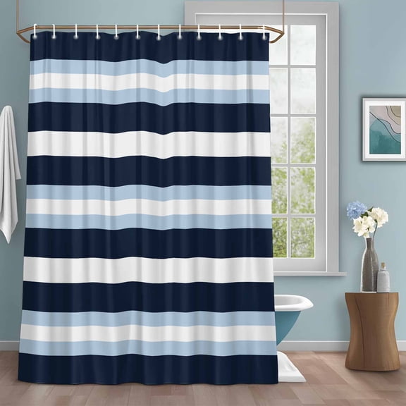 Sky Blue Navy Blue Stripe Shower Curtains for Bathroom, Modern Abstract Washable Fabric Shower Curtain with Hooks Waterproof Bathroom Decor Sets, 36 x 78 Inches