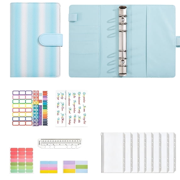 Sky Blue Notebook A6 Ring Binder, Fresh Refillable Journal with Accessories for Note Taking, 7X5In