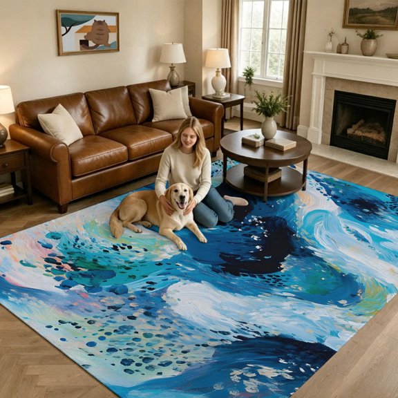 Sky Blue Ocean Large Area Rugs 6x9ft Abstract Tides Navy Water Waves Coastal Art Washable Rug, Non Slip Indoor Carpet Absorbent Floor Mat for Living Room Bedroom Dining Room
