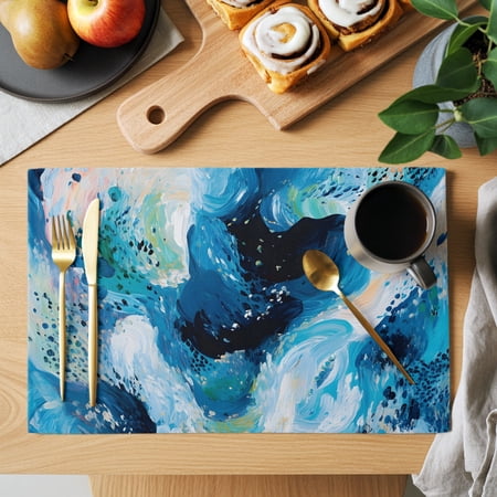 Sky Blue Ocean Placemats Set of 8, Abstract Tides Navy Water Waves Coastal Art Non-Slip Place Mats Washable Table Mats for Kitchen Dining Table Decorations Indoor/Outdoor