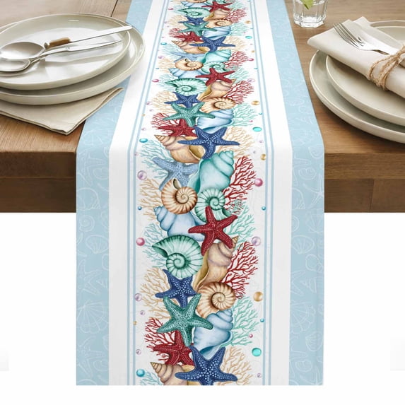 Sky Blue Ocean Starfish Table Runner - 70 Inch Long, Kitchen Dining Table Runner Dresser Scarves, Summer Coastal Coral Conch Farmhouse Decor for Coffee Tables Wedding Party Banquet