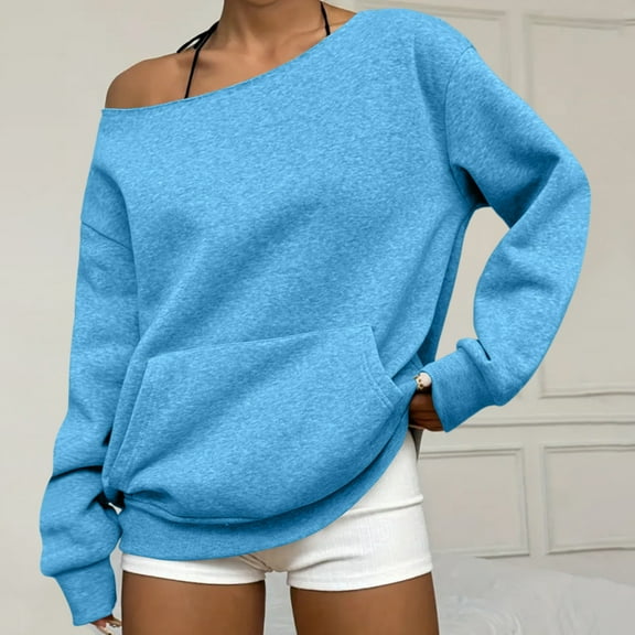 Sky Blue Off Shoulder Sweatshirt Women Long Sleeve Sexy Sweatshirt Fall Plus Size Slouchy Oversized Tshirts Basic Tees