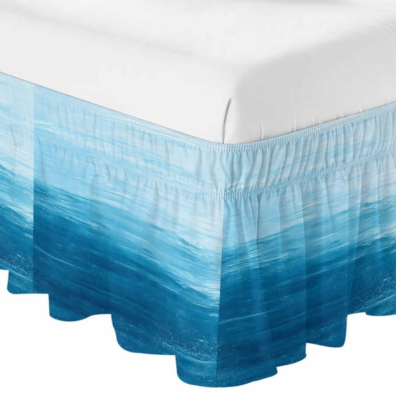 Sky Blue Ombre Bed Skirt Cal King Size 18 Inch Drop, Adjustable & Elastic Wrap Around Bed Skirts Pleated Dust Ruffles For Twin Full Queen Cal King Base Beds, Modern Abstract Art Ocean Oil Painting
