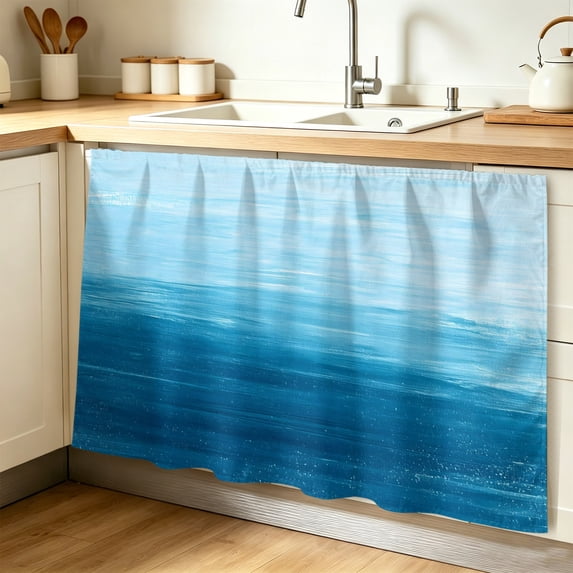 Sky Blue Ombre Cabinet Curtain 32"Wx55"L,Dustproof Pantry Door Curtain W/ Self Adhesive Tape,Modern Abstract Art Ocean Oil Painting Tall Storage Cover Privacy Drape for Bathroom Kitchen Laundry Room