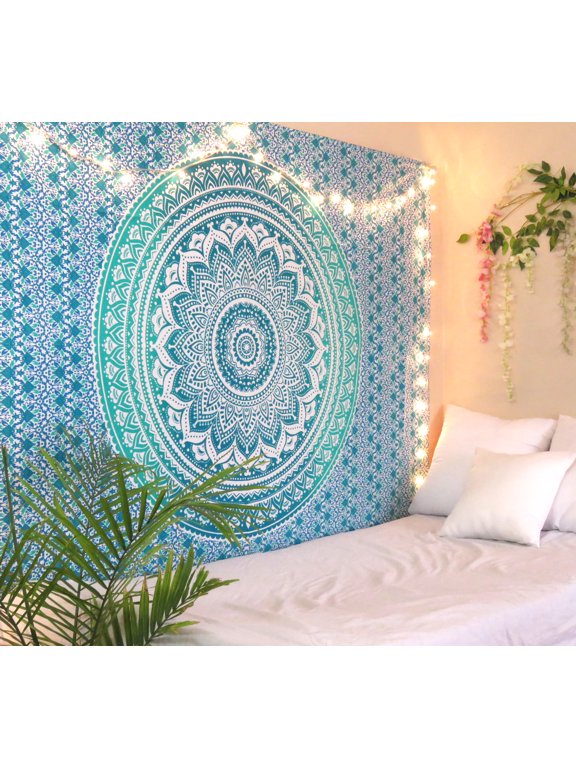 Sky Blue Ombre Mandala Tapestry Twin Size Boho Dorm Room Wall Hanging Indian Beach Throw Blanket Outdoor Picnic Yoga Mat by Oussum