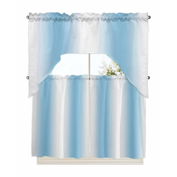 Sky Blue Ombre Swag Valance and Tier Curtains 36'' Length Set, Farmhouse Modern Art Light Filtering Kitchen Curtains, Tier Curtain Valances for Bathroom/Living Room/Bedroom/Café
