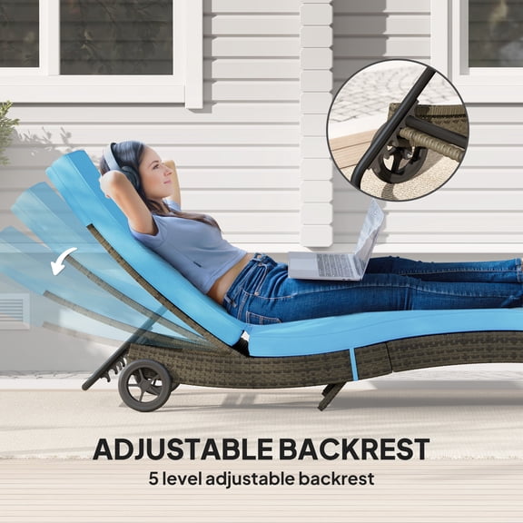 Sky Blue Outdoor Chaise Lounge Chair with Wheels | S-Shaped, 5-Level Reclining PE Rattan Wicker & Steel Frame | 264 lbs Capacity | 81.5" W x 27.5" D