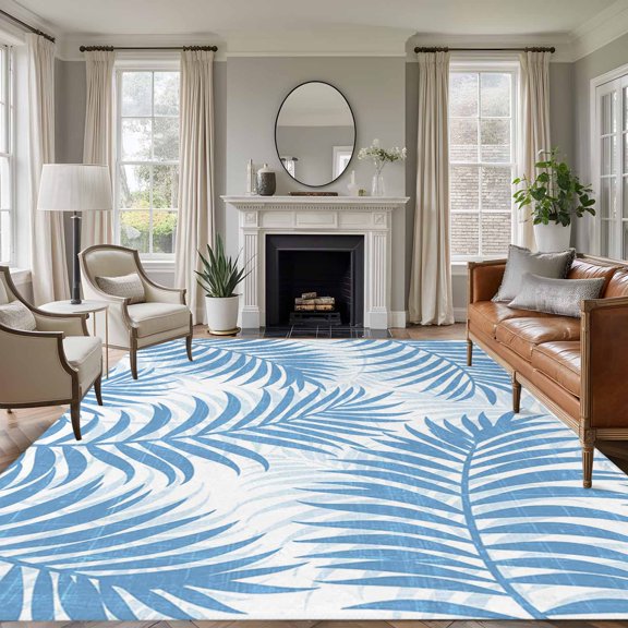 Sky Blue Palm Leaves 8'x10' Large Area Rug for Living Room Sectional Sofa, Summer Botanical Tropical Plant Rustic Washable Non Slip Low Pile Rectangle Area Rug