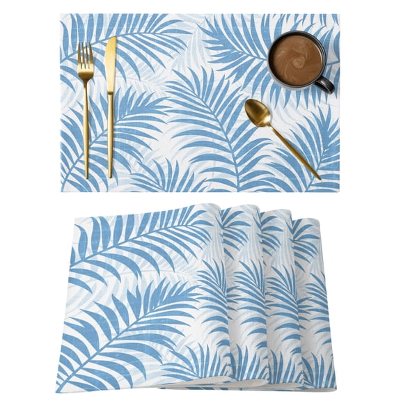 Sky Blue Palm Leaves Cotton Linen Placemats Set of 1, Summer Botanical Tropical Plant Rustic Washable Table Place Mats Heat Insulating Placemat for Dining Room Kitchen Daily Use 13 x 19 Inch
