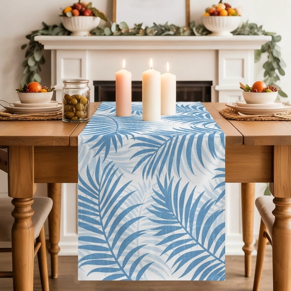 Sky Blue Palm Leaves Dining Table Runner, Summer Botanical Tropical Plant Rustic Washable Table Runners Kitchen Coffee Table Center Decor for Home Party Holiday Wedding 13 x 60 Inches