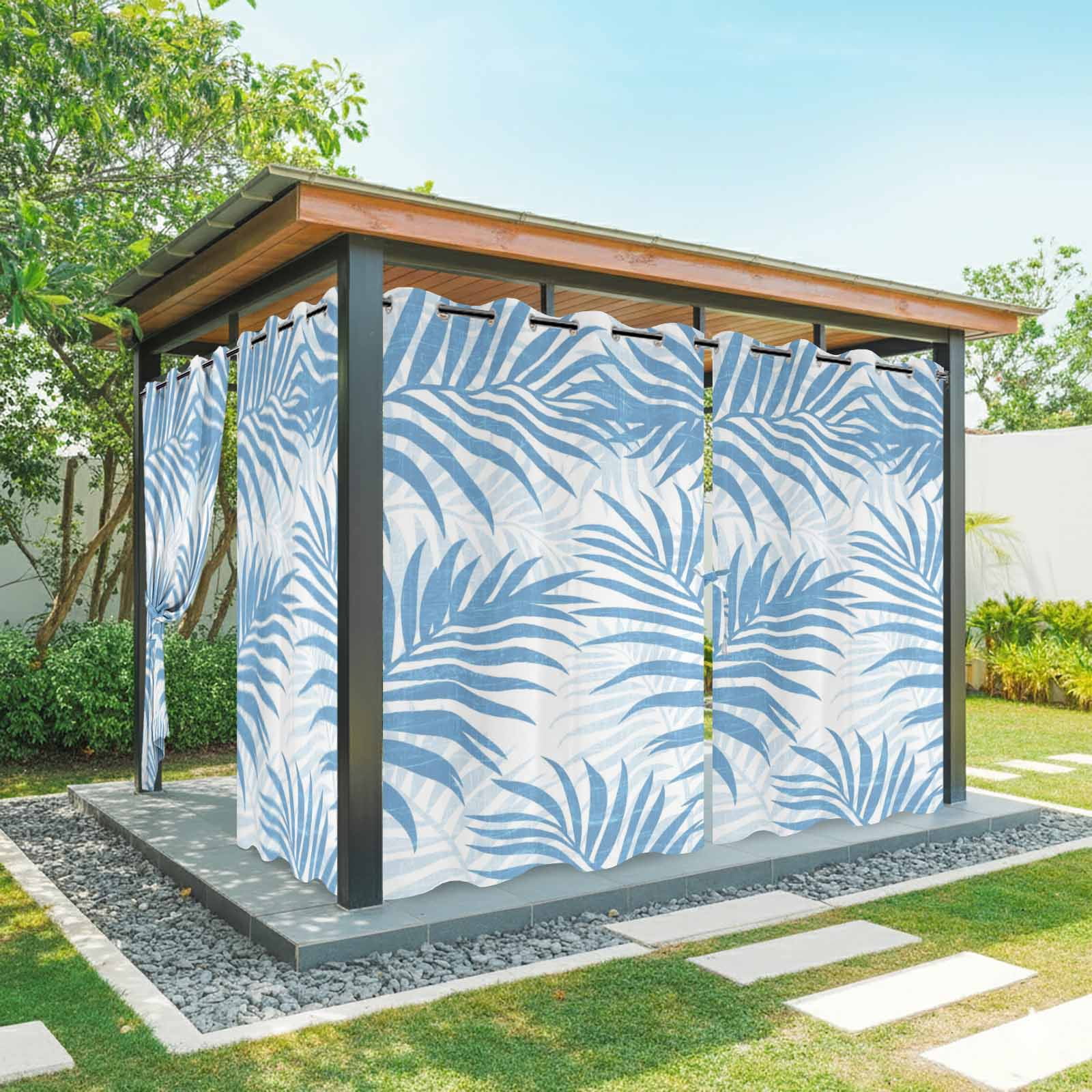 Sky Blue Palm Leaves Outdoor Curtains for Patio, Summer Botanical Tropical Plant Rustic Sunshade Privacy Drapes Grommet Waterproof Outside Curtains for Porch/Cabana/Balcony 54"x 108", 1 Panel