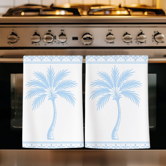 Sky Blue Palm Tree Kitchen Towels Set of 3, Summer Tropical Plants Leaves Absorbent Dish Towels for Kitchen, Microfiber Hand Towel, Quick Drying Tea Towel for Cleaning Decorative Dishcloths