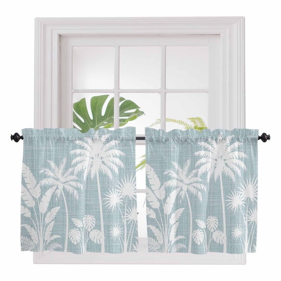 Sky Blue Palm Trees 2 Panel Kitchen Curtains for Small Windows, Tropical Retro Summer Botanical Bathroom Tier Curtain, Short Window Treatment for Bedroom/Living Room 55"x24"