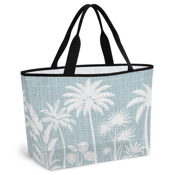 Sky Blue Palm Trees Beach Bag for Women, Large Breathable Mesh Beach Tote Bag, Tropical Retro Summer Botanical Sandproof Lightweight Travel Bags for Vacation Picnic Swimming Pool 15.7"x15.7"x9.1"