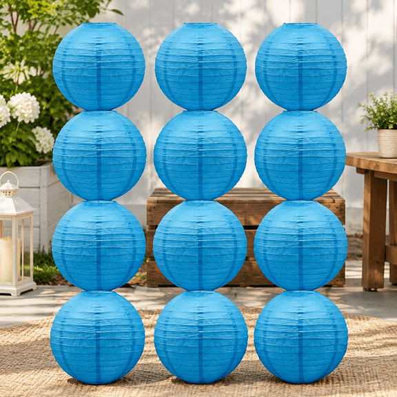 Sky Blue Paper Lanterns Decorative Hanging Round Shape Lanterns 8inch 12Pcs