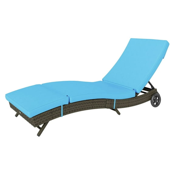 Sky Blue Patio Wicker Chaise Lounge Chair - Outdoor PE Rattan Sun Lounger with Adjustable Backrest & Wheels