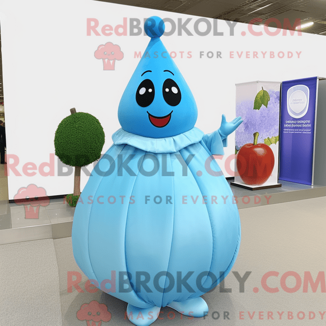 Sky Blue Pear REDBROKOLY mascot costume character dressed with a Ball Gown and Cufflinks