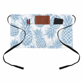 Sky Blue Pineapple Kitchen Restaurant Half Waist Apron, Summer Country Vintage Tropical Botanical Fruits Server Short Apron with 3 Pockets Waterproof Oil Waist Aprons for Women Waitress Waiter