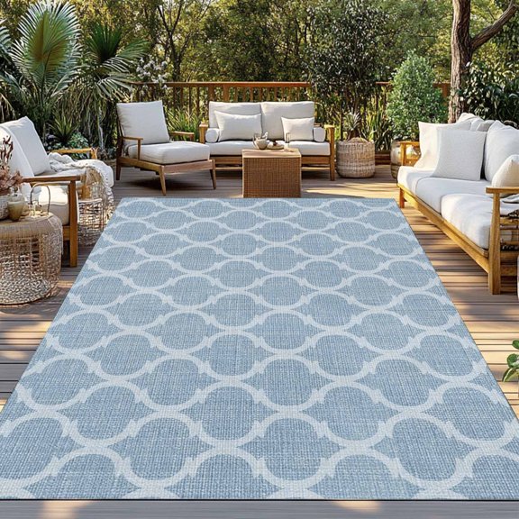 Sky Blue Plaid Indoor Outdoor Rugs 4x6 Ft, Retro Country Moroccan National Geometrical Plaid Outdoor Patio Rugs Mat Washable Outside Area Rugs Carpet for Porch Deck RV Camping Pool Balcony Backyard