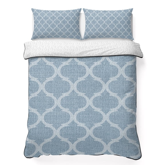 Sky Blue Plaid Queen Quilt Bedding Set, Retro Country Moroccan National Geometrical Plaid Lightweight Comforter with 2 Pillow Shams Bedroom Bedspread Set Home Decor for All Seasons