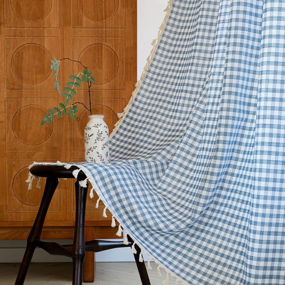 Sky Blue Plaid Semi-Sheer Curtains 63 Inch Length, Farmhouse Gingham Drapes with Rod Pocket & Tassel, 2 Panels