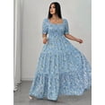thumbnail image 1 of Sky Blue Plus Size Summer Casual Ditsy Floral Square Neck Puff Sleeve Maxi Dress, 1 of 6