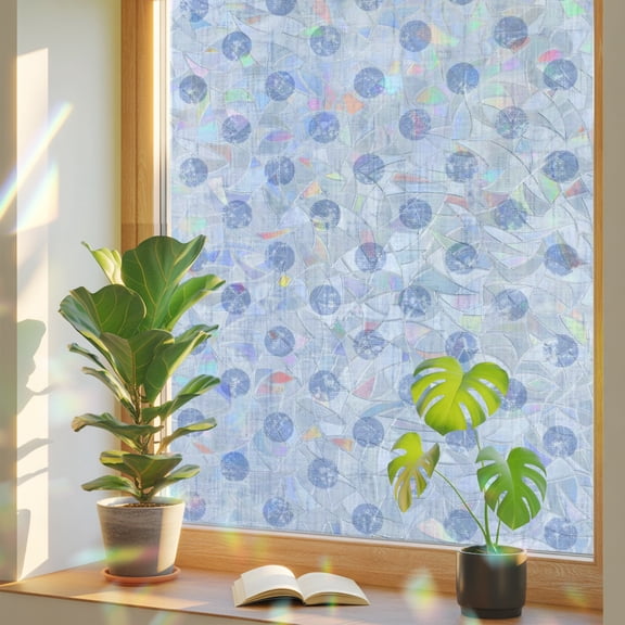 Sky Blue Polka Dots Spots Window Privacy Film, Abstract Modern Minimalist Fade Texture Stained Glass Rainbow Film Decorative Window Clings, Static Cling Sun Blocking Stickers 17.7" x 39.3"