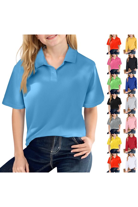 Sky Blue Polo Shirts Girls Short Sleeve School Uniform Shirt Classic Color Button Down Top Comfortable Tee 6-11 Years