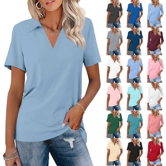 Sky Blue Polo Shirts Women Short Sleeve V Neck Collared Tops Loose Trendy Beach Casual Tees Summer, XL