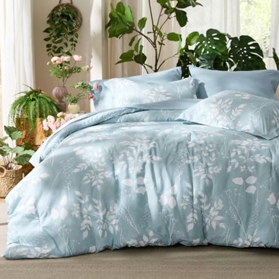 Sky Blue Queen Comforter Set - 7 Pieces Floral Bedding Sets Queen Bed in a Bag with Reversible Botanical Flowers Comforter Sheets Pillowcases Shams