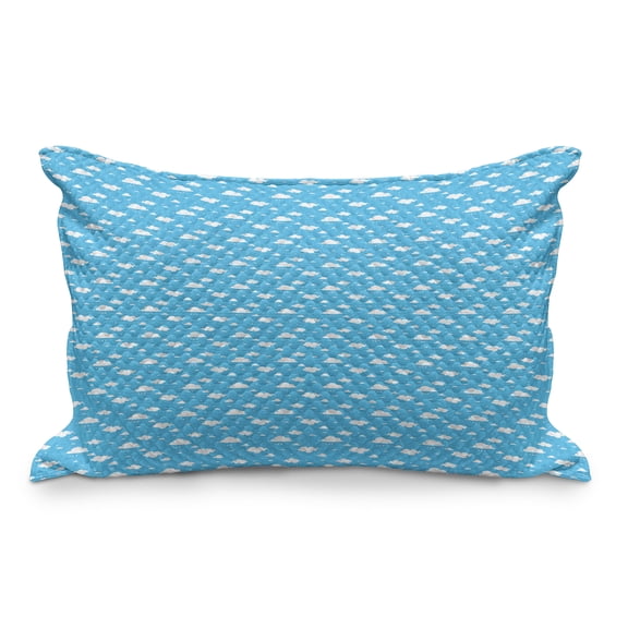 Sky Blue Quilted Pillowcover, Fluffy Clouds Day Time Illustration Cheerful Heavenly Cartoon, Standard King Size Accent Pillow Cover for Bedroom, 36" x 20", Deep Sky Blue and White, by Ambesonne