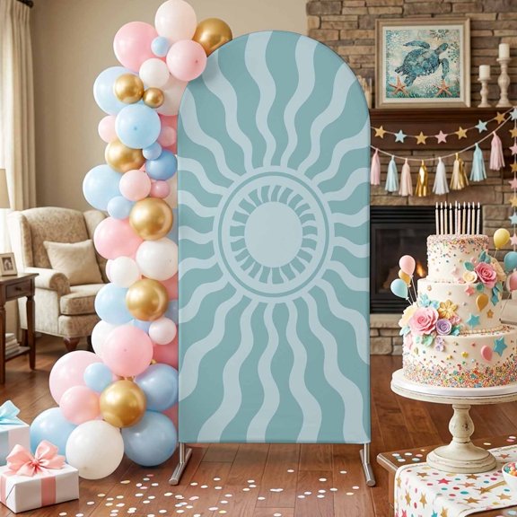 Sky Blue Radiant Sun Arch Backdrop Covers 4 FT, Abstract Wavy Sunbeams Rings Boho Eclectic Stretchy Fitted Arched Stand Covers Party Arch Stand Cover Photo Booth for Wedding Birthday Decor