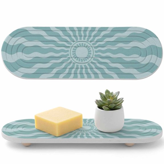 Sky Blue Radiant Sun Diatomaceous Earth Coasters, Abstract Wavy Sunbeams Rings Boho Eclectic Water Absorbent Diatomite Coaster, Bathroom Tray Stone Dish Drying Mat Kitchen Sink Tray 12x4in