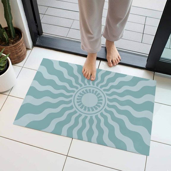 Sky Blue Radiant Sun Indoor Door Mat 16x24 Inch Abstract Wavy Sunbeams Rings Boho Eclectic Front Door Mat Non Slip Washable Entryway Rug Low Profile Dirt Trapper Doormat for Bathroom Kitchen Bedroom