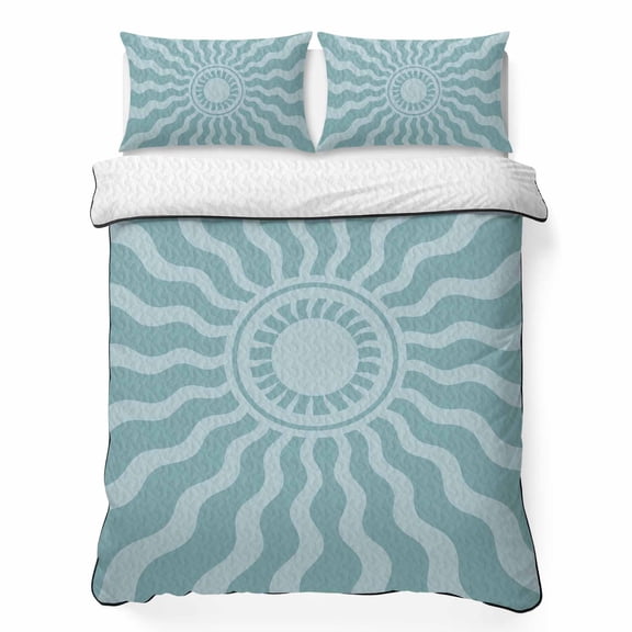Sky Blue Radiant Sun King Quilt Bedding Set, Abstract Wavy Sunbeams Rings Boho Eclectic Lightweight Comforter with 2 Pillow Shams Bedroom Bedspread Set Home Decor for All Seasons