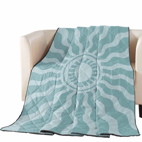 Sky Blue Radiant Sun Quilted Comforters Cooling Blanket Full Size, Abstract Wavy Sunbeams Rings Boho Eclectic Cold Comfort for Hot Sleepers Lightweight Air Conditioning Quilt Blanket for Bed