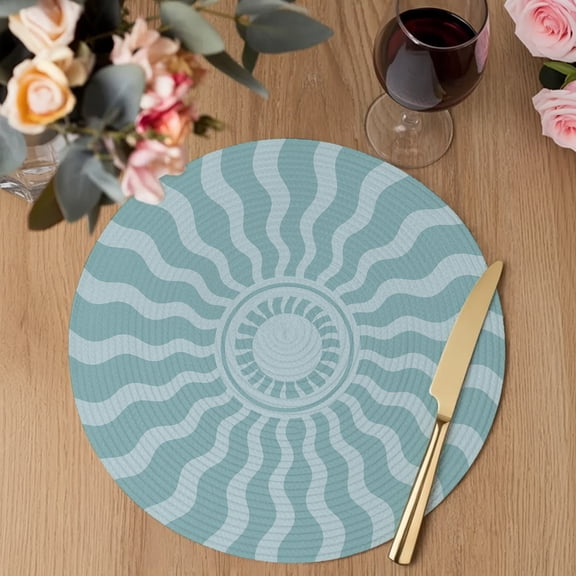 Sky Blue Radiant Sun Round Braided Placemats Set of 6, Abstract Wavy Sunbeams Rings Boho Eclectic Heat Insulation Place Mats Washable Non-Slip Table Mats for Kitchen Dining Party, 15 Inches