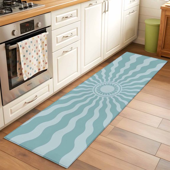 Sky Blue Radiant Sun Runner Rug Non Slip 2x6 Abstract Wavy Sunbeams Rings Boho Eclectic Washable Rug Runner for Hallways Low Pile Kitchen Rugs Stain Resist Carpet for Bathroom Bedroom Entryway