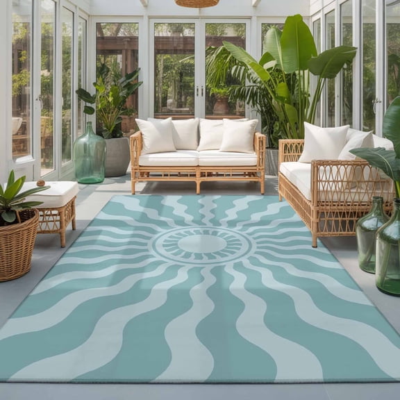 Sky Blue Radiant Sun Washable Living Room Rugs 9'x12', Abstract Wavy Sunbeams Rings Boho Eclectic Washable Throw Large Area Rug Non-Slip Sturdy Edge Binding Carpet for Bedroom Dining Room Office