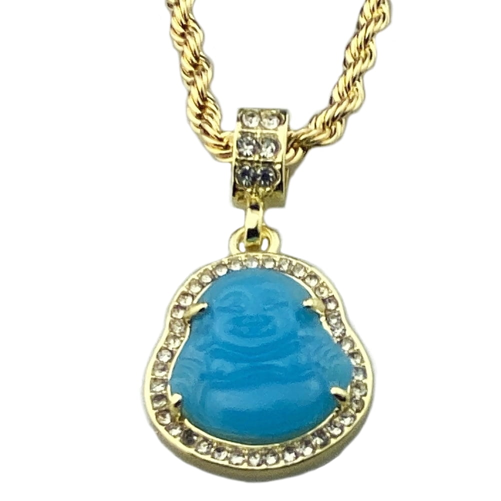 BLING CARTEL Sky Blue Resin Buddha 1" inch Pendant Necklace Gold Plated Rope Chain 24" In x 4MM Thick