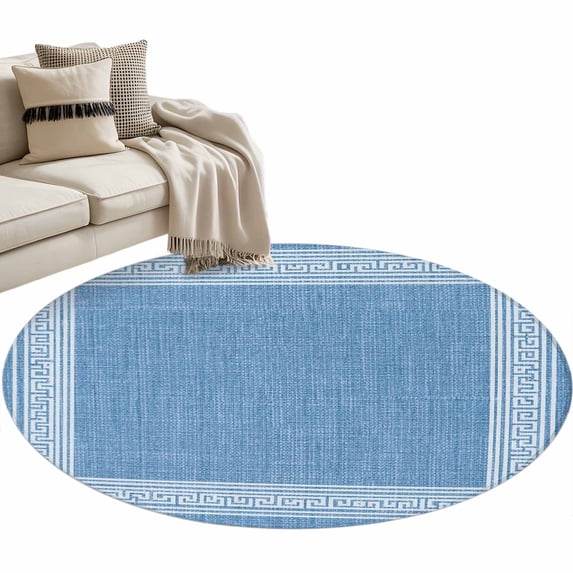 Sky Blue Retro Greek Key Large Area Rugs for Bedroom Living Room, Soft Non Slip Carpet Bedside Rug, Geometric Greece Ancient Farmhouse Round Floor Cover Kitchen Accent Rug 3' for Dining Room/Office