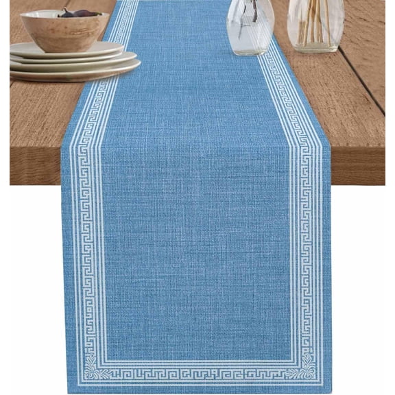 Sky Blue Retro Greek Key Short Table Runners 36 Inches, Cotton Linen Fabric Table Runner Geometric Greece Ancient Meander Fret Tablerunner for Party/Kitchen/Dinner 13x36