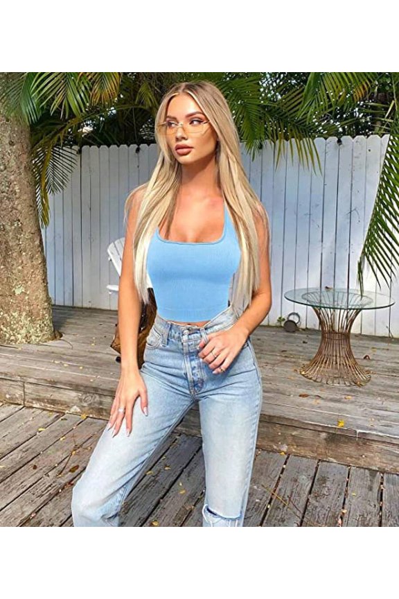 Sky Blue Ribbed Square Neck Crop Top, Sleeveless Seamless Knit Camisole for Women