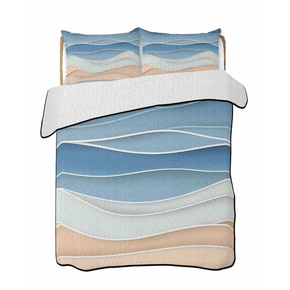 Sky Blue Ripple 3 Piece Quilt Bedding Set with 2 Pillow Shams, Sky Blue Gradient Lightweight Bedspread Coverlet, Soft Breathable All Season Quilt, 96 x 106 Inch